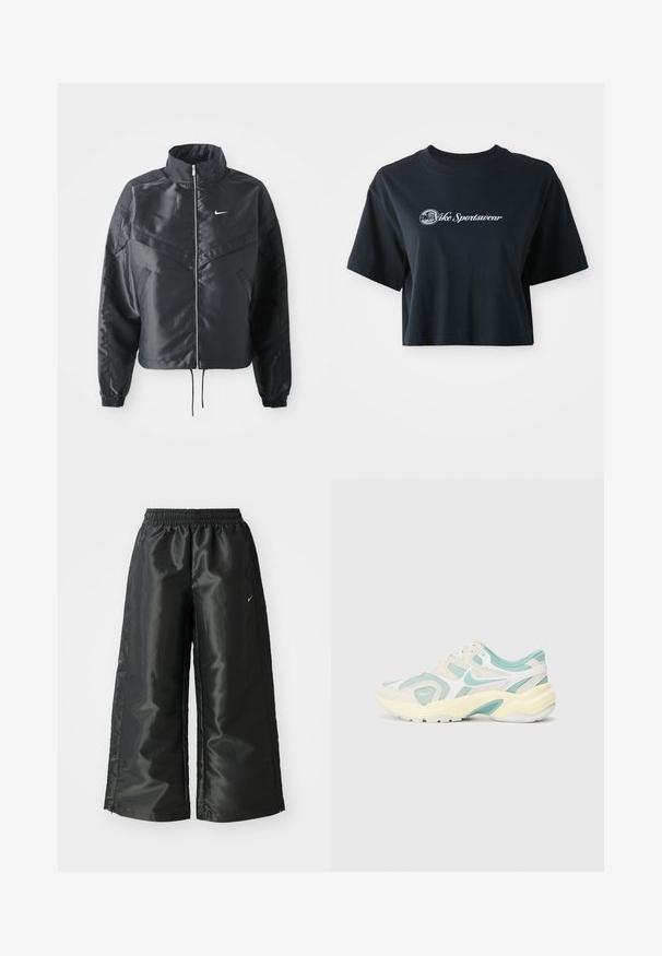 Must kolledžiga must lühike jope, millel on lukuga sulgus, elastne mansett ja valge Nike logo. Sile, läikiv kangas, millel on veidi tekstureeritud pind.; Lühikeste varrukatega must puuvillane t-särk, millel on ees valge tekst "Vice Sportswear" ja ringikujuline graafika.; Mustad mustad sportsipüksid läikiva, siledaga kangaga, pa elastse vöökoha, laia sääre ja väikese logoga vasakul küljel.; Heled sinine ja kreemikas spordijalanõud, millel on võrgumaterjalid ja nubuk, paks põhi ning silmapaistev laineline disain koos valge swooshiga.