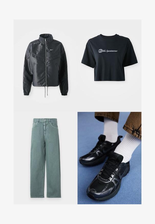 Jachetă croppată neagră cu guler înalt, închidere cu fermoar, manșete din elastan și un logo alb Nike. Material neted, lucios, cu o suprafață ușor texturată.; Tricou negru din bumbac, scurt, cu mâneci scurte, având text alb "Vice Sportswear" și un grafic circular pe față.; Jeans largi de culoare verde deschis, cu închidere cu nasture, patru buzunare și detalii subtile de cusătură, realizate dintr-o țesătură de bumbac netedă.; Pantofii sport Nike negri au un superior din plasă cu accente strălucitoare, șireturi negre și o talpă texturată. Asortați cu șosete albe cu dungi.