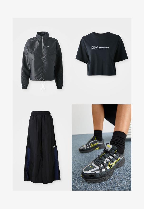 Svart cropped jakke med høy krage, glidelåsåpning, elastiske mansjetter og en hvit Nike-logo. Glatt, shiny stoff med en lett teksturert overflate.; Kuttet svart bomull t-skjorte med korte ermer, med hvit tekst "Vice Sportswear" og en sirkulær grafikk på fronten.; Svarte vide bukser laget av lett stoff, med et marineblått sidestykke og elastisk midjebånd. Liten hvit logo nederst.; Svarte og grå treningssko med reflekterende sølvfarger, teksturerte mesh-paneler og lyse gule detaljer. Snøring med strukturert såle.