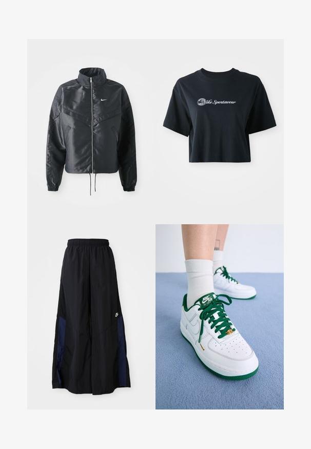 Svart cropped jakke med høy krage, glidelåsåpning, elastiske mansjetter og en hvit Nike-logo. Glatt, shiny stoff med en lett teksturert overflate.; Kuttet svart bomull t-skjorte med korte ermer, med hvit tekst "Vice Sportswear" og en sirkulær grafikk på fronten.; Svarte vide bukser laget av lett stoff, med et marineblått sidestykke og elastisk midjebånd. Liten hvit logo nederst.; Hvite skinn Nike Air Force 1-sko med grønne detaljer, snøring og såle; har perforert tå og gulldetaljer på snøreområdet.