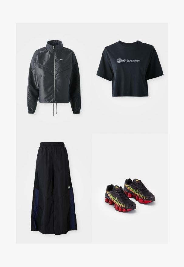 Črna skrajšana jakna z visokim ovratnikom, zadrgo, elastan rokavi in belim logotipom Nike. Gladek, sijoč material z rahlo teksturirano površino.; Skrajno odrezana črna bombažna majica s kratkimi rokavi, z belim napisom "Vice Sportswear" in krožno grafiko spredaj.; Črne široke hlače iz lahkega materiala, z morsko modrim stranskim panelom in elastičnim pasom. Majhna bela oznaka na dnu.; Črne Nike superge z gradientnimi poudarki v rumeni, zeleni in rdeči barvi. Imajo posebno teksturirano zasnovo in masiven rdeč podplat.