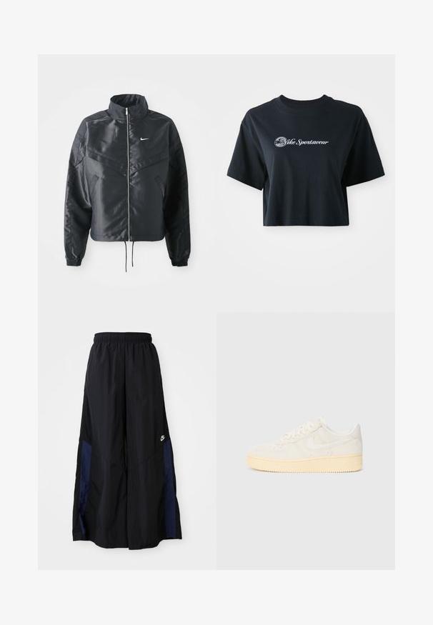 Must kolledžiga must lühike jope, millel on lukuga sulgus, elastne mansett ja valge Nike logo. Sile, läikiv kangas, millel on veidi tekstureeritud pind.; Lühikeste varrukatega must puuvillane t-särk, millel on ees valge tekst "Vice Sportswear" ja ringikujuline graafika.; Mustad laiad mustad püksid kergest kangast, millel on tumesinine külgpaneel ja elastne vöökoht. Väike valge logo allservas.; Valged tennised tekstuuriga pealmise osaga, ümmarguse ninaga ja kollaka kummitaldaga. Omab diskreetset logo ja paeltega sulgemist.