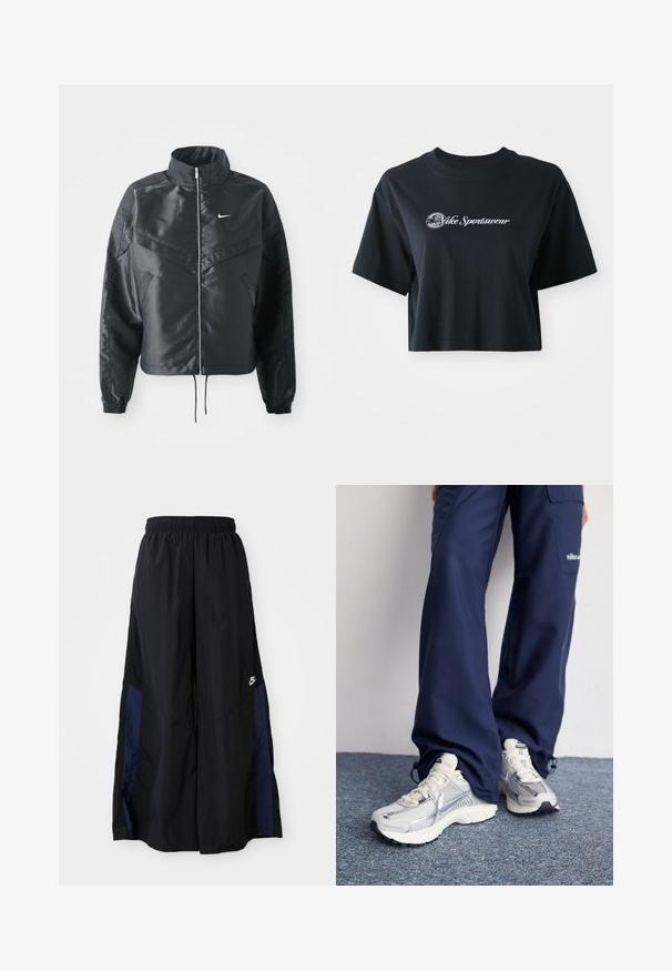 Black cropped jacket with high collar, zip closure, elastane cuffs, and a white Nike logo. Smooth, shiny fabric with a slightly textured surface.; Cropped black cotton t-shirt with short sleeves, featuring white text "Vice Sportswear" and a circular graphic on the front.; Black wide-leg pants made of lightweight fabric, featuring a navy blue side panel and an elastic waistband. Small white logo on bottom.; Nike athletic shoes with a silver mesh upper, white accents, and textured soles, paired with loose-fitting navy pants.