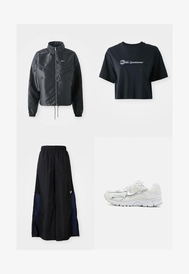 Fekete, rövidített dzseki magas gallérral, cipzáras záródással, elasztikus mandzsettákkal, és fehér Nike logóval. Simább, fényes anyag, enyhén textúrázott felülettel.; Rövid ujjú, cropped fekete pamut póló, fehér "Vice Sportswear" felirattal és kör alakú grafikával az elején.; Fekete, bő szárú nadrág könnyű anyagból, tengerészkék oldalsó panellel és elasztikus derékkal. Kicsi fehér logó az alján.; Fehér sportcipők ezüst kiegészítőkkel, hálós felsőrész, texturált oldalakkal, párnázott talppal és jellegzetes mintával a hátoldalon.