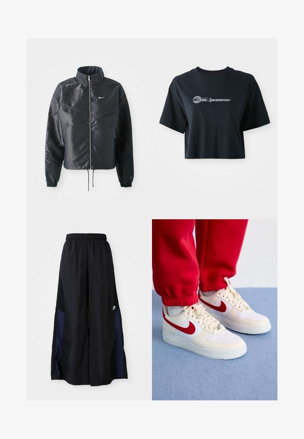 Svart kort jacka med hög krage, dragkedja, ärmslut i elastan och en vit Nike-logotyp. Slät, glänsande tyg med en något strukturerad yta.; Skuren svart bomulls t-shirt med korta ärmar, med vit text "Vice Sportswear" och en cirkulär grafik framtill.; Svarta vida byxor gjorda av lättviktig tyg, med en marinblå sid panel och ett elastiskt midjeband. Litet vitt logotyp nertill.; Nike Air Force 1-sneakers i vitt och krämigt läder, med röda accenter och perforeringar, placerade på en texturerad blå yta.