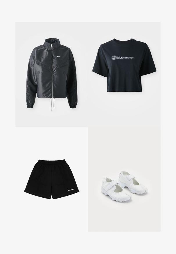 Czarna krótka kurtka z wysokim kołnierzem, zamek błyskawiczny, ściągacze z elastanu i białe logo Nike. Gładki, błyszczący materiał o lekko teksturowanej powierzchni.; Przycięta czarna koszulka bawełniana z krótkim rękawem, z białym napisem "Vice Sportswear" oraz okrągłą grafiką z przodu.; Czarne szorty wykonane z bawełny, z elastyczną talią, bocznymi kieszeniami i białym nadrukiem logo "PEGADOR" z przodu.; Białe buty sportowe z teksturowanym cholewką, regulowanym paskiem na rzep, zaokrąglonym noskiem oraz masywną podeszwą z wyraźnym wzorem bieżnika.