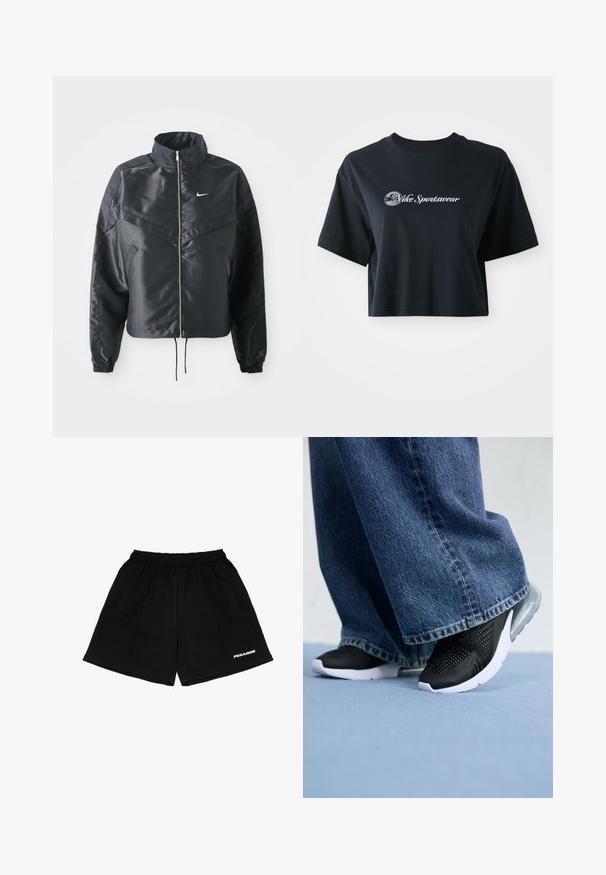Chaqueta negra corta con cuello alto, cierre de cremallera, puños de elastano y un logo de Nike en blanco. Tejido suave y brillante con una superficie ligeramente texturizada.; Camiseta negra de algodón recortada con mangas cortas, que presenta el texto blanco "Vice Sportswear" y un gráfico circular en la parte delantera.; Pantalones cortos negros de algodón, con cintura elástica, bolsillos laterales y estampado en blanco del logo "PEGADOR" en la parte delantera.; Zapatillas deportivas negras con detalles de malla, suela blanca y amortiguación de aire visible, combinadas con jeans de pierna ancha de mezclilla azul.