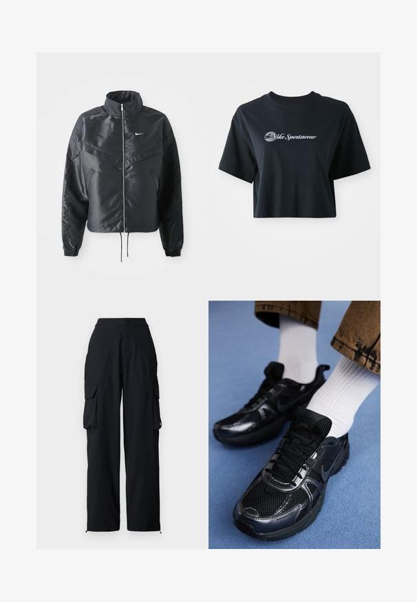 Zwarte cropped jack met hoge kraag, ritsluiting, elastische manchetten en een wit Nike-logo. Glad, glanzend materiaal met een licht gestructureerd oppervlak.; Korte zwarte katoenen t-shirt met korte mouwen, voorzien van witte tekst "Vice Sportswear" en een ronde afbeelding aan de voorkant.; Zwarte cargo broek met een hoge taille, twee zijzakken, twee beenzakken en verstelbare boorden. Gemaakt van lichtgewicht, duurzame stof.; Zwarte Nike sportschoenen met een mesh bovenkant en glanzende accenten, zwarte veters en een gestructureerde zool. In combinatie met witte geribde sokken.
