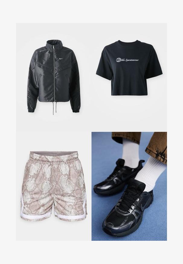 Mustat lyhyet takit, joissa on korkea kaulus, vetoketjukiinnitys, elastaanista valmistetut hihan suut ja valkoinen Nike-logo. Sileä, kiiltävä kangas, jossa on hieman tekstuuria.; Mustat puuvillaiset t-paidat, joissa on lyhyet hihat, etupuolella valkoiset tekstit "Vice Sportswear" ja ympyräkuvio.; Shortsit, joissa on beigestä ja valkoisesta koostuva käärmeen nahoista inspiroituva kuosi, elastinen vyötärönauha ja valkoiset sivuakkentit. Sileä pinta, rento muotoilu.; Musta Nike-urheilukengät, joissa on verkkopintaa kiiltävillä yksityiskohdilla, mustat nauhat ja teksturoitu pohja. Yhdistetty valkoisiin ribbipolkimiin.