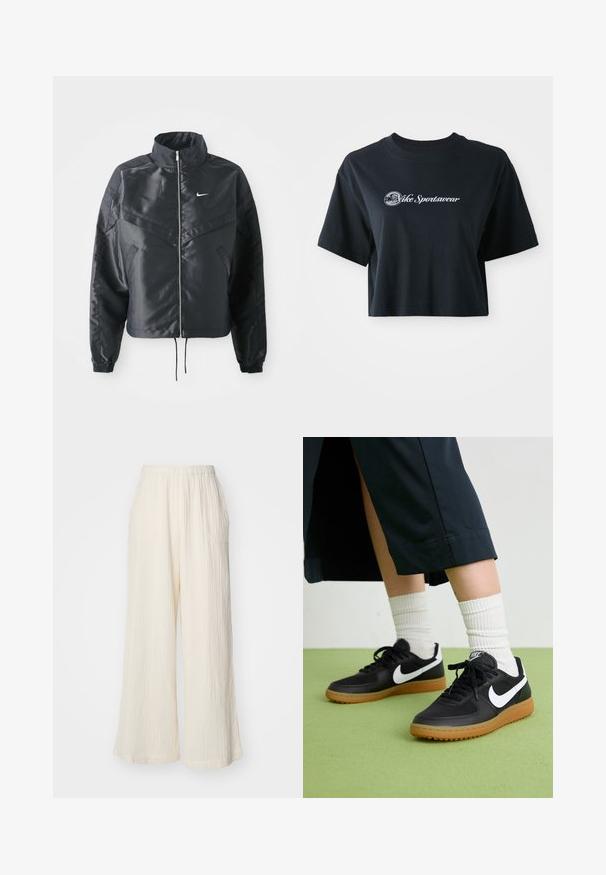 Must kolledžiga must lühike jope, millel on lukuga sulgus, elastne mansett ja valge Nike logo. Sile, läikiv kangas, millel on veidi tekstureeritud pind.; Lühikeste varrukatega must puuvillane t-särk, millel on ees valge tekst "Vice Sportswear" ja ringikujuline graafika.; Kreem värvi laiade jalgadega püksid, valmistatud tekstureeritud kangast, elastse vöökohtaga ja kahe küljetaskuga, vertikaalse ribakujundusega.; Mustad nahast ja sünteetilised sneekerid valge Nike logoga, kummist gumme, ümar nina ja mustad paelad. Näha ribakujulisi valgeid sokke.