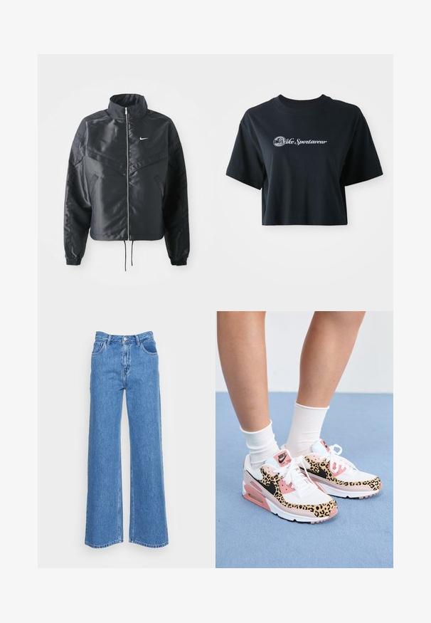 Fekete, rövidített dzseki magas gallérral, cipzáras záródással, elasztikus mandzsettákkal, és fehér Nike logóval. Simább, fényes anyag, enyhén textúrázott felülettel.; Rövid ujjú, cropped fekete pamut póló, fehér "Vice Sportswear" felirattal és kör alakú grafikával az elején.; Kék farmer széles szárú nadrág magas derékkal, két elülső zsebbel és gombos záródással. Az anyag enyhén texturált felületű.; Nike Air Max sneakers fehér és rózsaszín színkombinációval, leopárd mintájú kiegészítőkkel, hálós és bőr anyagokkal, valamint jellegzetes gumitalppal rendelkeznek.