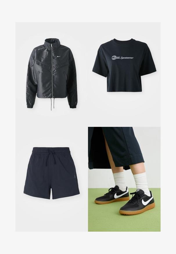 Čierna skrátená bunda s vysokým golierom, zipsovým uzatváraním, elastickými manžetami a bielym logom Nike. Hladká, lesklá tkanina s mierne textúrovaným povrchom.; Zastrihnuté čierne bavlnené tričko s krátkymi rukávmi, so bielym textom "Vice Sportswear" a kruhovou grafikou na prednej strane.; Námorné športové šortky vyrobené z materiálu odvádzajúceho vlhkosť, s elastickým pásom na šnúrku a malým logom.; Čierne kožené a syntetické tenisky so bielym logom Nike, gumenou podrážkou, okrúhlou špičkou a čiernymi šnúrkami. Viditeľné biele pruhované ponožky.