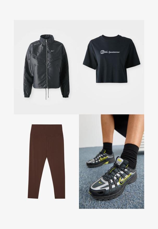 Črna skrajšana jakna z visokim ovratnikom, zadrgo, elastan rokavi in belim logotipom Nike. Gladek, sijoč material z rahlo teksturirano površino.; Skrajno odrezana črna bombažna majica s kratkimi rokavi, z belim napisom "Vice Sportswear" in krožno grafiko spredaj.; Rjave, hipočutne legice srednje višine, narejene iz elastičnega blaga z gladko teksturo. Imajo minimalne šive in prilagojen dizajn.; Črne in sive športne čevlje z reflektivnimi srebrnimi poudarki, teksturiranimi mrežastimi predeli in svetlo rumenimi podrobnostmi. Zavezovanje z vezalkami in strukturirana podplat.