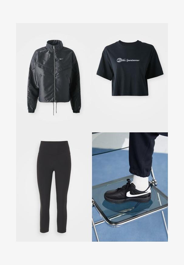 Giacca nera cropped con colletto alto, chiusura a zip, polsini in elastan e logo Nike bianco. Tessuto liscio e lucido con una superficie leggermente texturizzata.; T-shirt nera in cotone, cropped, con maniche corte, caratterizzata da testo bianco "Vice Sportswear" e una grafica circolare sul davanti.; Leggings neri, aderenti, realizzati in tessuto elasticizzato, con una cintura alta e una texture liscia e opaca, privi di motivi o decorazioni.; Sneakers Nike neri con accenti bianchi, caratterizzati da una superficie in pelle liscia, design con lacci e punta rotonda, posizionati su una sedia di vetro.