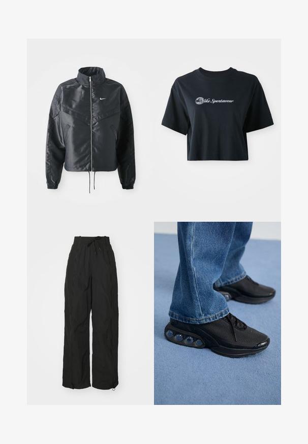 Sort cropped jakke med høj krave, lynlås lukning, elastiske manchetter og et hvidt Nike-logo. Glat, blankt stof med en let struktureret overflade.; Afskåret sort bomulds T-shirt med korte ærmer, der har hvid tekst "Vice Sportswear" og et cirkulært grafisk motiv på forsiden.; Sorte, vide bukser lavet af let, tekstureret stof. Har en elastisk talje, snoretræk og lynlåsåbninger ved anklerne.; Sorte træningssko med mesh-overdel, teksturerede detaljer og synlige luftdæmpningspodere i sålen. Båret med blå denimjeans.