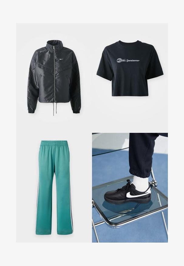 Sort cropped jakke med høj krave, lynlås lukning, elastiske manchetter og et hvidt Nike-logo. Glat, blankt stof med en let struktureret overflade.; Afskåret sort bomulds T-shirt med korte ærmer, der har hvid tekst "Vice Sportswear" og et cirkulært grafisk motiv på forsiden.; Teal sweatpants med elastisk talje, brede ben og sidelister i marineblå og hvid. Glat stof med mat overflade.; Sorte Nike sneakers med hvide detaljer, der har en glat læderoverflade, snørebånd og rund tå, placeret på en glasstol.