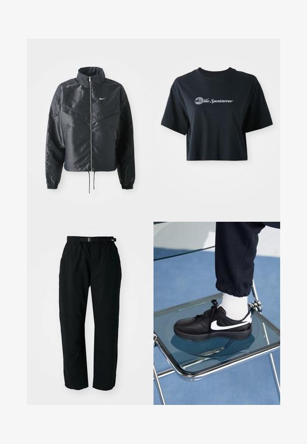Chaqueta negra corta con cuello alto, cierre de cremallera, puños de elastano y un logo de Nike en blanco. Tejido suave y brillante con una superficie ligeramente texturizada.; Camiseta negra de algodón recortada con mangas cortas, que presenta el texto blanco "Vice Sportswear" y un gráfico circular en la parte delantera.; Pantalones ligeros negros con cinturilla elástica y cinturón ajustable. Cuentan con piernas estrechas y paneles de rodilla reforzados para mayor durabilidad.; Zapatillas Nike negras con acentos blancos, con una textura de cuero suave, diseño de cordones y punta redondeada, colocadas sobre una silla de cristal.