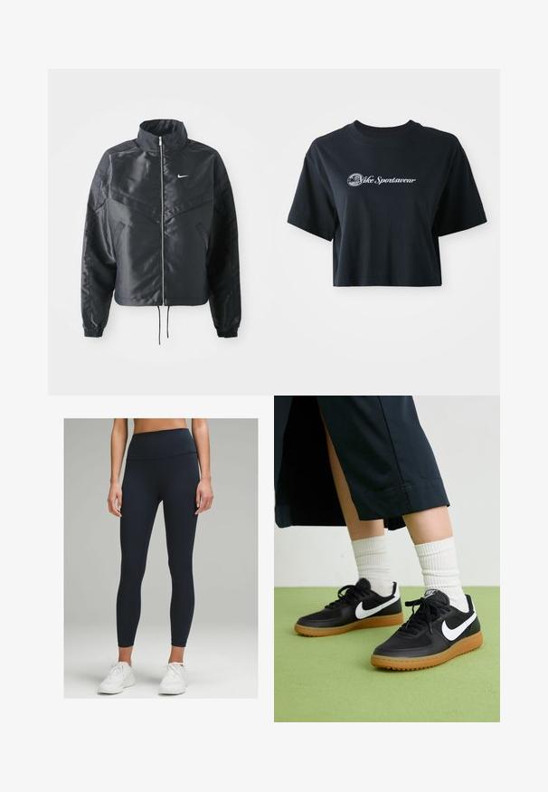Fekete, rövidített dzseki magas gallérral, cipzáras záródással, elasztikus mandzsettákkal, és fehér Nike logóval. Simább, fényes anyag, enyhén textúrázott felülettel.; Rövid ujjú, cropped fekete pamut póló, fehér "Vice Sportswear" felirattal és kör alakú grafikával az elején.; Magasan szabott, testhezálló leggings sötét tengerészkék színben, rugalmas anyagból készült. Simaságot biztosító textúrával rendelkezik, látható minták vagy díszítés nélkül.; Fekete bőr és szintetikus sneakers, fehér Nike logo-val, gumi talppal, kerek orral és fekete fűzővel. Csíkos fehér zokni látható.