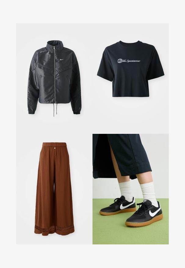 Crna kratka jakna s visokim ovratnikom, zatvaranjem na patentni zatvarač, elastinim rukavima i bijelim Nike logom. Glatka, sjajna tkanina s lagano teksturiranom površinom.; Skraćena crna pamučna majica s kratkim rukavima, s bijelim natpisom "Vice Sportswear" i kružnom grafikom sprijeda.; Široke smeđe hlače izrađene od teksturiranog materijala, s naboranim pojasom i čipkastim detaljima na rubu.; Crne kožne i sintetičke tenisice s bijelim Nike swooshom, gumeni potplat, okrugli vrh i crne vezice. Vidljive rebraste bijele čarape.