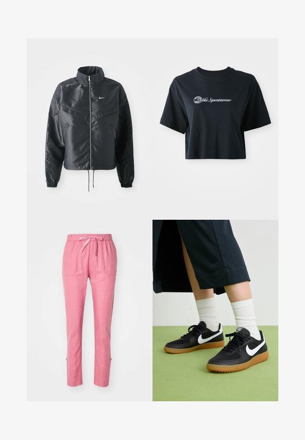Must kolledžiga must lühike jope, millel on lukuga sulgus, elastne mansett ja valge Nike logo. Sile, läikiv kangas, millel on veidi tekstureeritud pind.; Lühikeste varrukatega must puuvillane t-särk, millel on ees valge tekst "Vice Sportswear" ja ringikujuline graafika.; Roosa linane püksid elastse vöökoha, paelaga ja kahe esikohtaga. Sirge lõige, külgpõhja lõhikutega.; Mustad nahast ja sünteetilised sneekerid valge Nike logoga, kummist gumme, ümar nina ja mustad paelad. Näha ribakujulisi valgeid sokke.