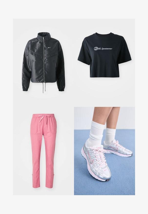 Čierna skrátená bunda s vysokým golierom, zipsovým uzatváraním, elastickými manžetami a bielym logom Nike. Hladká, lesklá tkanina s mierne textúrovaným povrchom.; Zastrihnuté čierne bavlnené tričko s krátkymi rukávmi, so bielym textom "Vice Sportswear" a kruhovou grafikou na prednej strane.; Ružové ľanové nohavice s elastickým pásom, šnúrkou na stiahnutie a dvomi prednými vreckami. Rovný strih s bočnými rozparkom na spodnom leme.; Bežecké tenisky Nike s strieborným sieťovaným vrchom a ružovými akcentmi, bielymi šnúrkami a štruktúrovanou podrážkou. Nosí sa s bielymi bavlnenými športovými ponožkami.