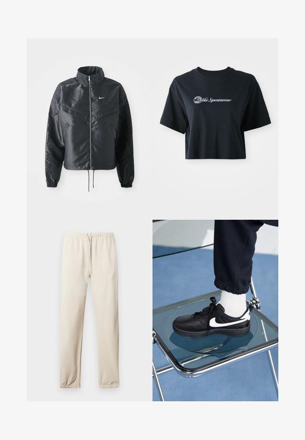 Zwarte cropped jack met hoge kraag, ritsluiting, elastische manchetten en een wit Nike-logo. Glad, glanzend materiaal met een licht gestructureerd oppervlak.; Korte zwarte katoenen t-shirt met korte mouwen, voorzien van witte tekst "Vice Sportswear" en een ronde afbeelding aan de voorkant.; Lichtbeige joggers met een elastische tailleband, verstelbaar trekkoord en geribbelde enkels. Heeft een klein logo aan de zijkant. Zachte stoftextuur.; Zwarte Nike sneakers met witte accenten, met een gladde leren textuur, vetersluiting en ronde neus, geplaatst op een glazen stoel.