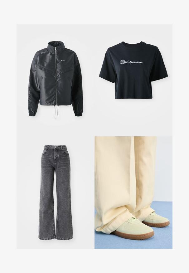 Juoda trumpa striukė su aukštu coloru, užtrauktuku, elastaniniu rankogaliu ir balta Nike logotipu. Lygus, blizgus audinys su šiek tiek tekstūruotu paviršiumi.; Trumpa juoda medvilnė t-shirt su trumpomis rankovėmis, su balta etikete "Vice Sportswear" ir apskritu grafiku priekyje.; Plačios šviesiai pilkos džinsinės kelnės su aukštu liemeniu, su tradicine penkių kišenių stilistika ir švelniu blukimo efektu.; Žali suediniai sportbačiai su apvaliais pirštais ir tekstūruotais padais, derinami su plačiomis bežinėmis kelnėmis, ant mėlyno paviršiaus.