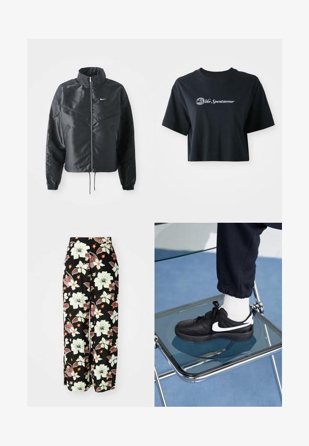 Svart kort jacka med hög krage, dragkedja, ärmslut i elastan och en vit Nike-logotyp. Slät, glänsande tyg med en något strukturerad yta.; Skuren svart bomulls t-shirt med korta ärmar, med vit text "Vice Sportswear" och en cirkulär grafik framtill.; Svarta blommiga byxor med stora vita, orange och bruna blommor, med en lös, vid bendesign och mjukt, lätt material.; Svarta Nike-sneakers med vita detaljer, med en slät läderstruktur, snörningsdesign och rund tå, placerade på en glasstol.