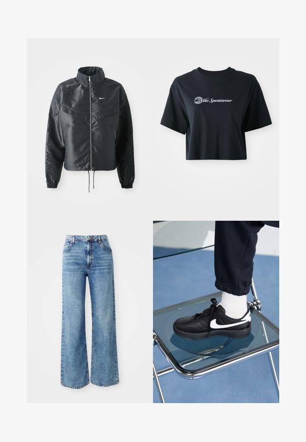 Jachetă croppată neagră cu guler înalt, închidere cu fermoar, manșete din elastan și un logo alb Nike. Material neted, lucios, cu o suprafață ușor texturată.; Tricou negru din bumbac, scurt, cu mâneci scurte, având text alb "Vice Sportswear" și un grafic circular pe față.; Jeans din denim albastru deschis, cu croială largă și talie înaltă, având cinci buzunare, închidere cu nasture de sus și cusături contrastante pe cusături.; Adidași negri Nike cu accente albe, cu o textură de piele netedă, design cu șireturi și vârf rotunjit, așezați pe un scaun din sticlă.