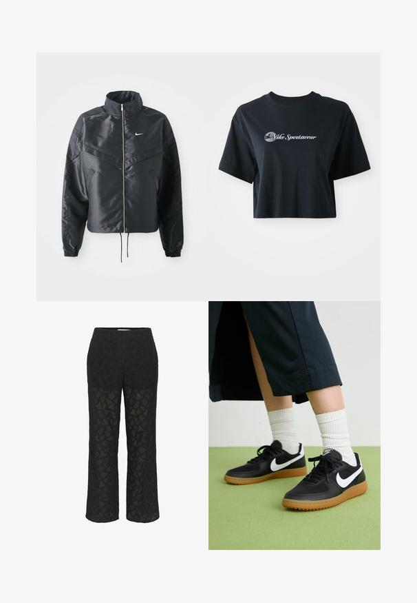 Veste noire courte avec col haut, fermeture éclair, poignets en élasthanne et logo Nike blanc. Tissu lisse et brillant avec une surface légèrement texturée.; T-shirt noir en coton coupé avec des manches courtes, arborant un texte blanc "Vice Sportswear" et un graphique circulaire sur le devant.; Pantalons en dentelle noire avec un motif, des jambes larges, et une taille douce, avec des sections transparentes pour ajouter de la texture.; Baskets noires en cuir et synthétique avec le swoosh blanc de Nike, semelle en caoutchouc, bout rond et lacets noirs. Chaussettes blanches côtelées visibles.