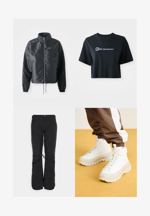 Zwarte cropped jack met hoge kraag, ritsluiting, elastische manchetten en een wit Nike-logo. Glad, glanzend materiaal met een licht gestructureerd oppervlak.; Korte zwarte katoenen t-shirt met korte mouwen, voorzien van witte tekst "Vice Sportswear" en een ronde afbeelding aan de voorkant.; Zwarte skibroek van duurzaam materiaal, met een rechte pijpdesign, twee zijzakken en verstelbare manchetten met trekkoorden.; Witte hoge sneakers met een chunky, gestructureerde zool, voorzien van een gladde bovenkant, ronde neus en tonale veters, tegen een gele achtergrond.