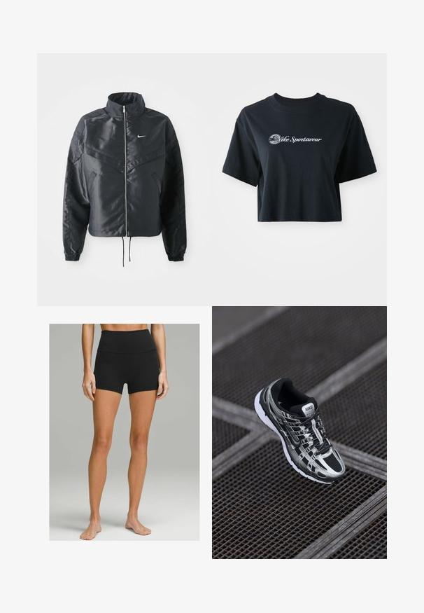 Zwarte cropped jack met hoge kraag, ritsluiting, elastische manchetten en een wit Nike-logo. Glad, glanzend materiaal met een licht gestructureerd oppervlak.; Korte zwarte katoenen t-shirt met korte mouwen, voorzien van witte tekst "Vice Sportswear" en een ronde afbeelding aan de voorkant.; Zwarte high-waisted shorts van rekbaar materiaal, met een gladde textuur, een aansluitend ontwerp en een lengte tot halverwege de bovenbenen. Geen zichtbare accenten.; Nike hardloopschoen met een zwart en zilver kleurenschema, bovenwerk van mesh, tekstuurzool en vetersysteem voor een veilige pasvorm.