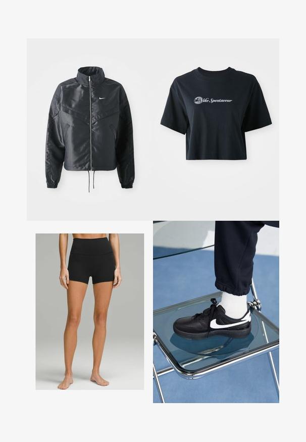 Mustat lyhyet takit, joissa on korkea kaulus, vetoketjukiinnitys, elastaanista valmistetut hihan suut ja valkoinen Nike-logo. Sileä, kiiltävä kangas, jossa on hieman tekstuuria.; Mustat puuvillaiset t-paidat, joissa on lyhyet hihat, etupuolella valkoiset tekstit "Vice Sportswear" ja ympyräkuvio.; Mustat korkeat shortsit, jotka on valmistettu joustavasta kankaasta. Niissä on sileä pinta, tiukka muotoilu ja polvipituus. Ei näkyviä yksityiskohtia.; Mustat Nike-tennarit valkoisilla yksityiskohdilla, joissa on sileä nahkapinta, nauhakiinnitys ja pyöreä varvas, aseteltuna lasituolille.