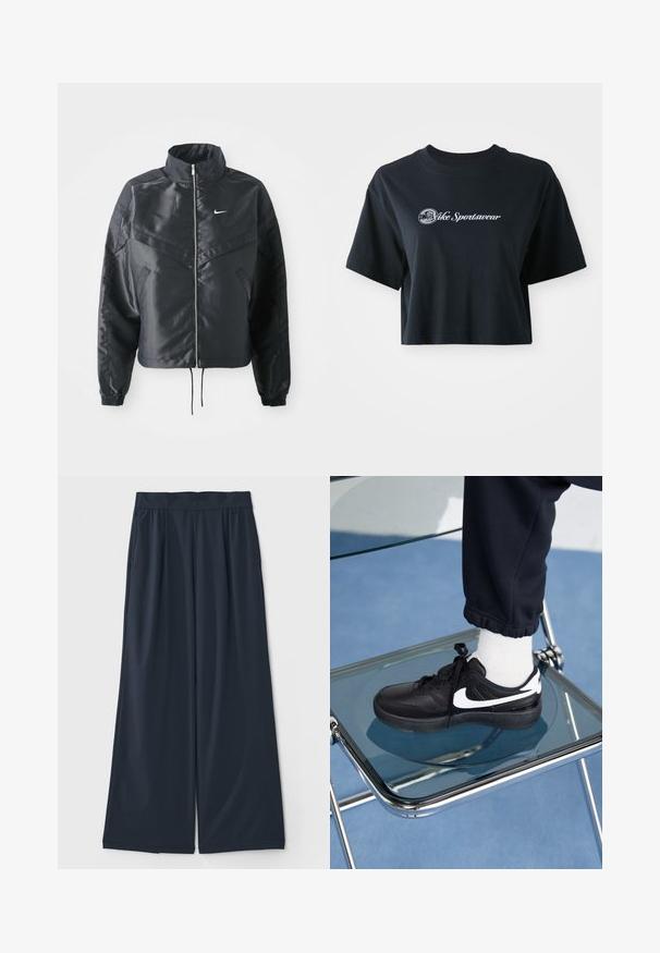 Czarna krótka kurtka z wysokim kołnierzem, zamek błyskawiczny, ściągacze z elastanu i białe logo Nike. Gładki, błyszczący materiał o lekko teksturowanej powierzchni.; Przycięta czarna koszulka bawełniana z krótkim rękawem, z białym napisem "Vice Sportswear" oraz okrągłą grafiką z przodu.; Ciemnoniebieskie spodnie o szerokich nogawkach wykonane z miękkiego materiału; posiadają elastyczny pas oraz dwie boczne kieszenie dla wygody.; Czarne sneakersy Nike z białymi akcentami, charakteryzujące się gładką skórzaną teksturą, zawiązywaną konstrukcją i zaokrąglonym noskiem, umieszczone na szklanym krześle.