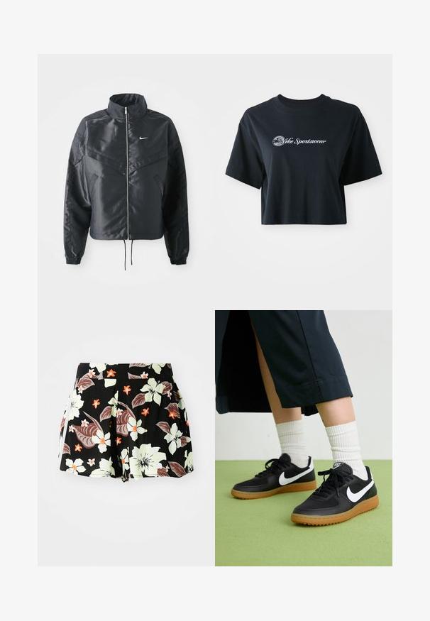 Veste noire courte avec col haut, fermeture éclair, poignets en élasthanne et logo Nike blanc. Tissu lisse et brillant avec une surface légèrement texturée.; T-shirt noir en coton coupé avec des manches courtes, arborant un texte blanc "Vice Sportswear" et un graphique circulaire sur le devant.; Shorts noirs à motifs floraux avec de grandes fleurs vert clair et orange, ornées de feuilles foncées, design plissé et poches sur les côtés.; Baskets noires en cuir et synthétique avec le swoosh blanc de Nike, semelle en caoutchouc, bout rond et lacets noirs. Chaussettes blanches côtelées visibles.
