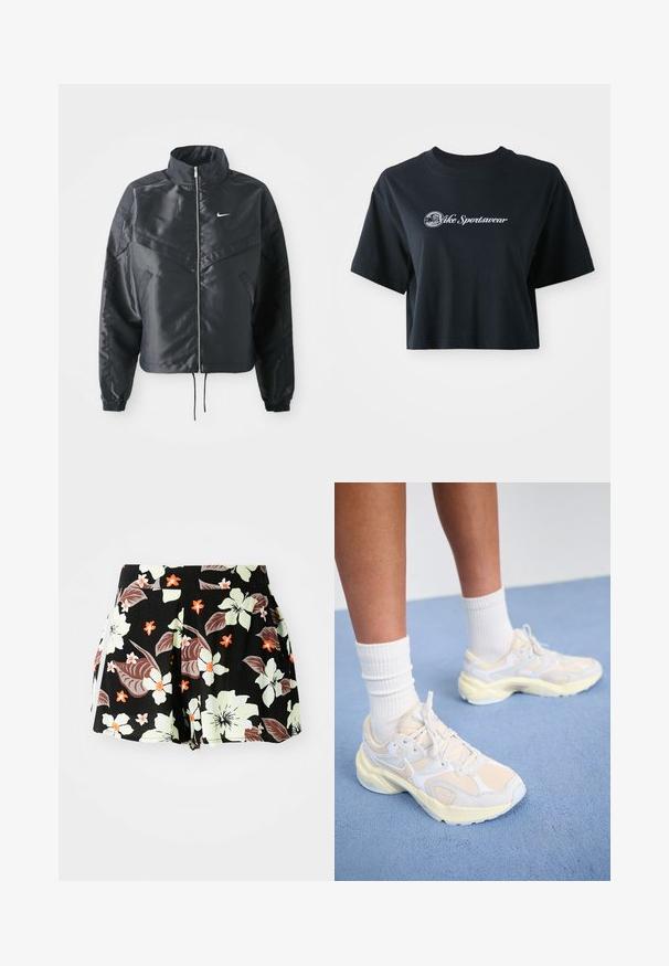 Čierna skrátená bunda s vysokým golierom, zipsovým uzatváraním, elastickými manžetami a bielym logom Nike. Hladká, lesklá tkanina s mierne textúrovaným povrchom.; Zastrihnuté čierne bavlnené tričko s krátkymi rukávmi, so bielym textom "Vice Sportswear" a kruhovou grafikou na prednej strane.; Čierne kvietkované šortky so veľkými svetlozelenými a oranžovými kvetmi na tmavých listoch, skladaný dizajn a vrecká po stranách.; Štýlové športové topánky v svetložltej a bielej farbe, vyrobené z sieťoviny a syntetických materiálov, s zaobleným tvarom a textúrovanými podrážkami.