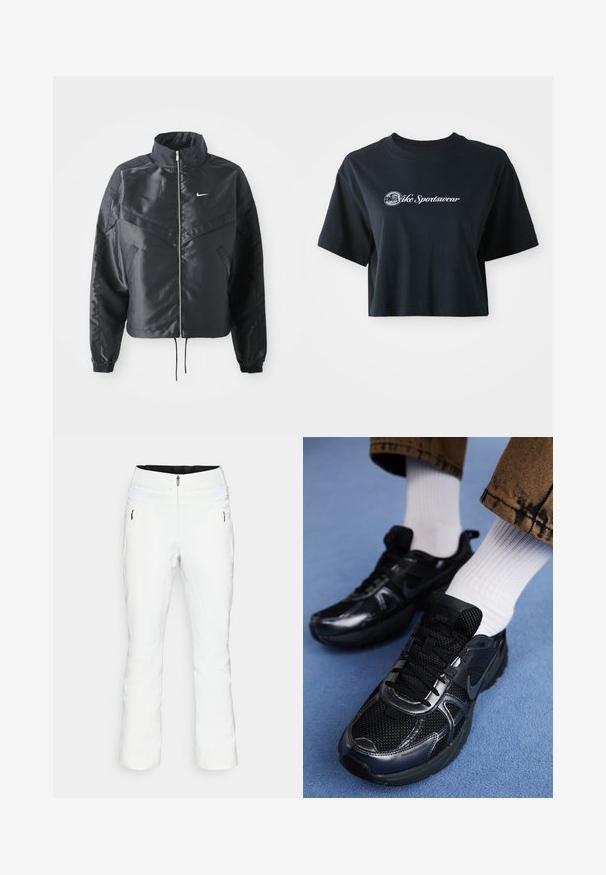 Zwarte cropped jack met hoge kraag, ritsluiting, elastische manchetten en een wit Nike-logo. Glad, glanzend materiaal met een licht gestructureerd oppervlak.; Korte zwarte katoenen t-shirt met korte mouwen, voorzien van witte tekst "Vice Sportswear" en een ronde afbeelding aan de voorkant.; Witte skibroek met een slanke pasvorm, ritssluiting aan de voorkant, dubbele knoopsluiting, zijzakken en elastische tailleband met klittenbandaccenten. Gladde textuur.; Zwarte Nike sportschoenen met een mesh bovenkant en glanzende accenten, zwarte veters en een gestructureerde zool. In combinatie met witte geribde sokken.