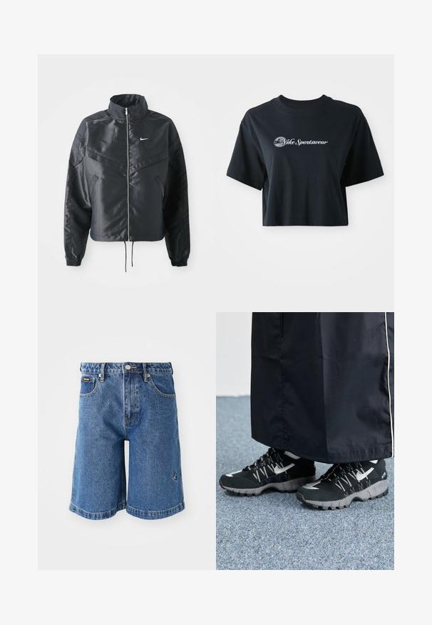 Svart cropped jakke med høy krage, glidelåsåpning, elastiske mansjetter og en hvit Nike-logo. Glatt, shiny stoff med en lett teksturert overflate.; Kuttet svart bomull t-skjorte med korte ermer, med hvit tekst "Vice Sportswear" og en sirkulær grafikk på fronten.; Blå denimshorts med rett snitt, fem lommer og kontrasterende gule sting. Inkluderer en liten logo på venstre side.; Svarte treningssko med teksturert overdel, sølv detaljer og mønstrete såle, sammen med et svart langt plagg. Plassert på et blått teppe.