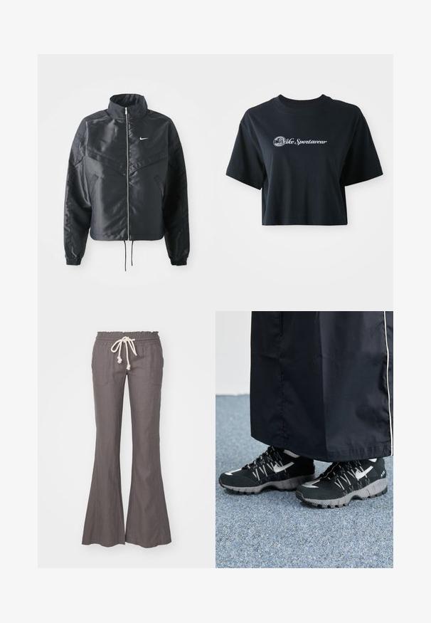 Veste noire courte avec col haut, fermeture éclair, poignets en élasthanne et logo Nike blanc. Tissu lisse et brillant avec une surface légèrement texturée.; T-shirt noir en coton coupé avec des manches courtes, arborant un texte blanc "Vice Sportswear" et un graphique circulaire sur le devant.; Pantalons en lin gris évasés avec une taille élastique et un cordon de serrage. Comprend deux poches avant et une texture lisse sur l'ensemble.; Des chaussures de sport noires avec un dessus texturé, des accents argentés et une semelle extérieure à motifs, associées à un long vêtement noir. Présentées sur un tapis bleu.