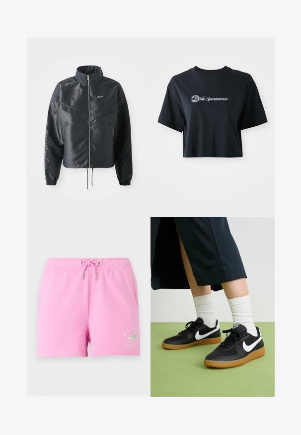 Casaco preto curto com colarinho alto, fecho de zip, punhos em elastano e um logótipo Nike branco. Tecido suave e brilhante com uma superfície ligeiramente texturizada.; T-shirt preta de algodão, cortada, com mangas curtas, apresentando o texto branco "Vice Sportswear" e um gráfico circular na parte da frente.; Bermudas de algodão cor-de-rosa com cintura elástica e cordão, apresentando uma impressão branca de um copo de gelado na parte inferior.; Sapatilhas pretas em couro e sintético com o logo da Nike em branco, sola de borracha tipo goma, bico redondo e atacadores pretos. Meias brancas com frunces visíveis.