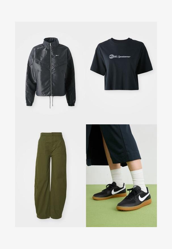 Fekete, rövidített dzseki magas gallérral, cipzáras záródással, elasztikus mandzsettákkal, és fehér Nike logóval. Simább, fényes anyag, enyhén textúrázott felülettel.; Rövid ujjú, cropped fekete pamut póló, fehér "Vice Sportswear" felirattal és kör alakú grafikával az elején.; Olíva zöld cargo nadrág, pamutból készült, széles lábú dizájnnal, elülső zsebekkel és gombos záródással a deréknál.; Fekete bőr és szintetikus sneakers, fehér Nike logo-val, gumi talppal, kerek orral és fekete fűzővel. Csíkos fehér zokni látható.