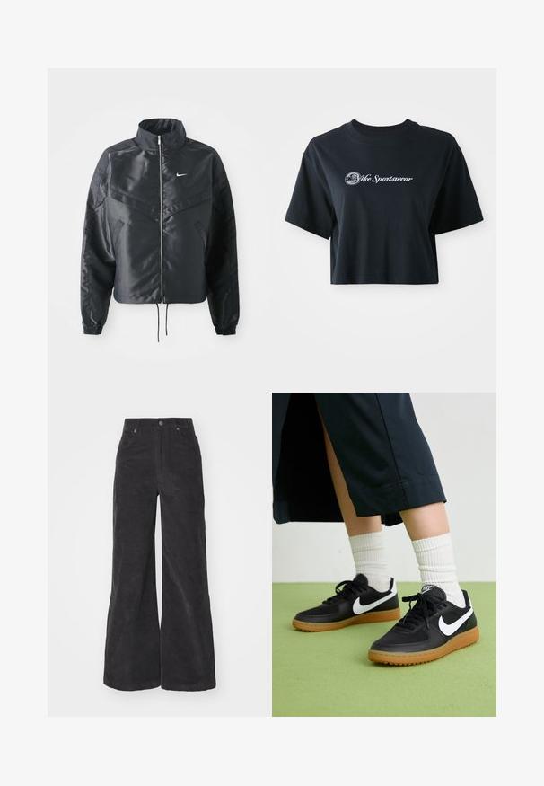 Juoda trumpa striukė su aukštu coloru, užtrauktuku, elastaniniu rankogaliu ir balta Nike logotipu. Lygus, blizgus audinys su šiek tiek tekstūruotu paviršiumi.; Trumpa juoda medvilnė t-shirt su trumpomis rankovėmis, su balta etikete "Vice Sportswear" ir apskritu grafiku priekyje.; Juodi velveto plati kojinės kelnės su aukštu liemeniu, priekinėmis kišenėmis ir mygtuko uždarymu. Audinys pasižymi minkšta, tekstūrine paviršiaus struktūra.; Juodos odinės ir sintetinių medžiagų sportbačiai su balta Nike swoosh, guminis padas, apvalus pirštas ir juodi raišteliai. Matomos banguotos baltos kojinės.
