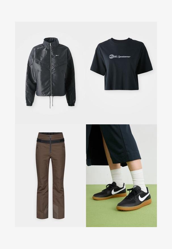 Must kolledžiga must lühike jope, millel on lukuga sulgus, elastne mansett ja valge Nike logo. Sile, läikiv kangas, millel on veidi tekstureeritud pind.; Lühikeste varrukatega must puuvillane t-särk, millel on ees valge tekst "Vice Sportswear" ja ringikujuline graafika.; Pruunid isoleeritud püksid kõrge vöökohaga, musta lukuga kinnitusega, küljetaskutega ja tugevdatud alumiste servadega vastupidavuse tagamiseks.; Mustad nahast ja sünteetilised sneekerid valge Nike logoga, kummist gumme, ümar nina ja mustad paelad. Näha ribakujulisi valgeid sokke.