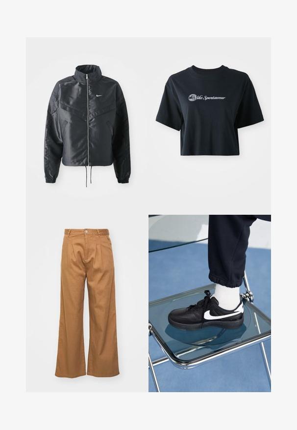 Černá zkrácená bunda s vysokým límcem, zipovým zapínáním, elastickými manžetami a bílým logem Nike. Hladká, lesklá látka s mírně strukturovaným povrchem.; Zkrácené černé bavlněné tričko s krátkými rukávy, na přední straně s bílým nápisem "Vice Sportswear" a kulatou grafikou.; Světle hnědé kalhoty s širokými nohavicemi a texturovanou tkaninou, které mají přední sklady a jedno zapínání na knoflík v pase.; Černé tenisky Nike s bílými akcenty, s hladkou koženou texturou, šněrovacím designem a zaoblenou špičkou, umístěné na skleněné židli.