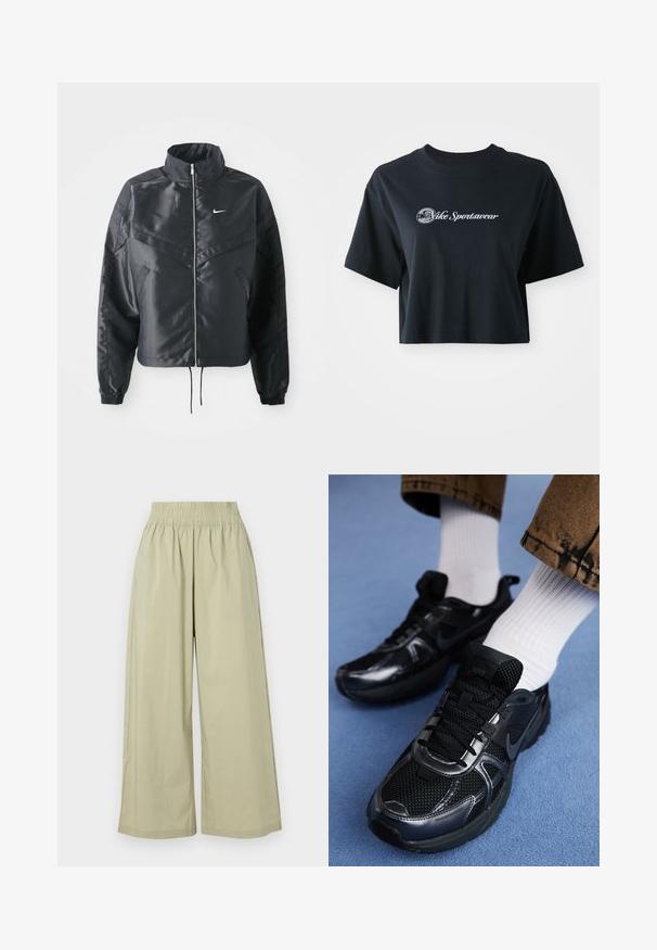 Mustat lyhyet takit, joissa on korkea kaulus, vetoketjukiinnitys, elastaanista valmistetut hihan suut ja valkoinen Nike-logo. Sileä, kiiltävä kangas, jossa on hieman tekstuuria.; Mustat puuvillaiset t-paidat, joissa on lyhyet hihat, etupuolella valkoiset tekstit "Vice Sportswear" ja ympyräkuvio.; Valkoinen oliivinvihreä leveälahkeinen housupari, jossa on elastinen vyötärö. Valmistettu sileästä kankaasta. Ominaisuuksiin kuuluu rento siluetti ja ei näkyviä kiinnityksiä.; Musta Nike-urheilukengät, joissa on verkkopintaa kiiltävillä yksityiskohdilla, mustat nauhat ja teksturoitu pohja. Yhdistetty valkoisiin ribbipolkimiin.
