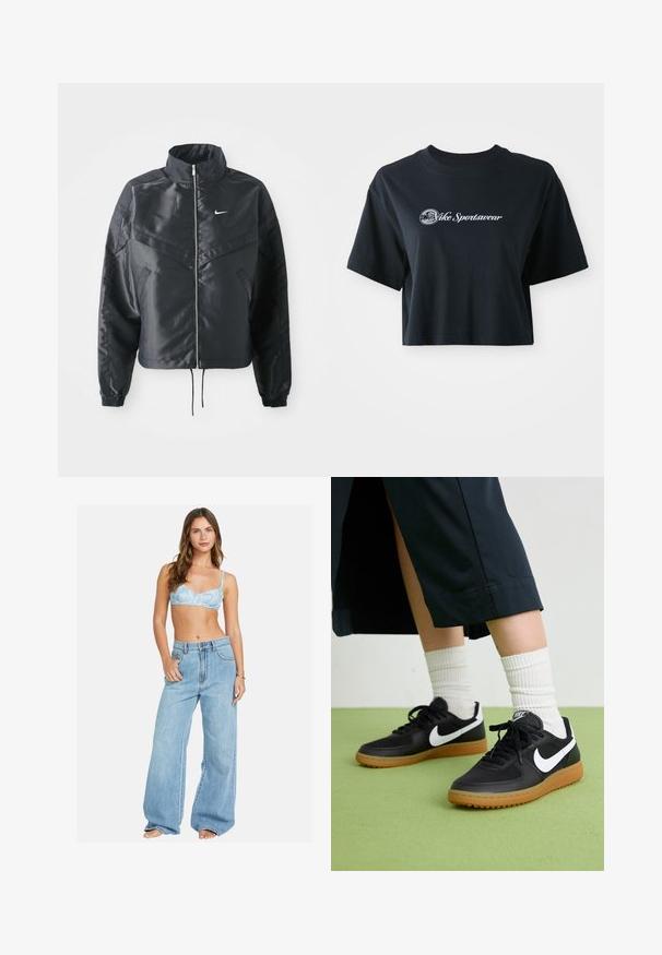 Črna skrajšana jakna z visokim ovratnikom, zadrgo, elastan rokavi in belim logotipom Nike. Gladek, sijoč material z rahlo teksturirano površino.; Skrajno odrezana črna bombažna majica s kratkimi rokavi, z belim napisom "Vice Sportswear" in krožno grafiko spredaj.; Svetloblaži bralet z rožnatim vzorcem v kombinaciji s širokimi svetloblažnimi kavbojkami. Udobno prileganje z sproščenim silhuetom in klasičnim gumbom za zapiranje.; Črne usnjene in sintetične superge z belim Nike swooshom, gumo na podplatu, okroglo konico ter črnimi vezalkami. Vidne so rebraste bele nogavice.