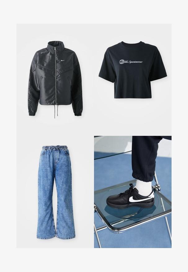 Sort cropped jakke med høj krave, lynlås lukning, elastiske manchetter og et hvidt Nike-logo. Glat, blankt stof med en let struktureret overflade.; Afskåret sort bomulds T-shirt med korte ærmer, der har hvid tekst "Vice Sportswear" og et cirkulært grafisk motiv på forsiden.; Lyseblå denim bukser med brede ben, elastisk talje og snørelukning. Har dobbeltstikninger og rå kant. Ingen synlige lommer.; Sorte Nike sneakers med hvide detaljer, der har en glat læderoverflade, snørebånd og rund tå, placeret på en glasstol.