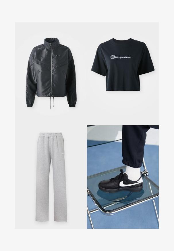Černá zkrácená bunda s vysokým límcem, zipovým zapínáním, elastickými manžetami a bílým logem Nike. Hladká, lesklá látka s mírně strukturovaným povrchem.; Zkrácené černé bavlněné tričko s krátkými rukávy, na přední straně s bílým nápisem "Vice Sportswear" a kulatou grafikou.; Světle šedé tepláky s elastickým pasem, rovný střih nohavic a malým bílým logem na levém stehně. Měkká, texturová tkanina.; Černé tenisky Nike s bílými akcenty, s hladkou koženou texturou, šněrovacím designem a zaoblenou špičkou, umístěné na skleněné židli.