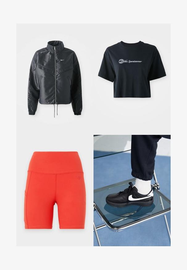 Giacca nera cropped con colletto alto, chiusura a zip, polsini in elastan e logo Nike bianco. Tessuto liscio e lucido con una superficie leggermente texturizzata.; T-shirt nera in cotone, cropped, con maniche corte, caratterizzata da testo bianco "Vice Sportswear" e una grafica circolare sul davanti.; Pantaloni sportivi rossi con vita alta, realizzati in materiale liscio e elastico. Presentano una tasca laterale e un piccolo logo in rilievo.; Sneakers Nike neri con accenti bianchi, caratterizzati da una superficie in pelle liscia, design con lacci e punta rotonda, posizionati su una sedia di vetro.