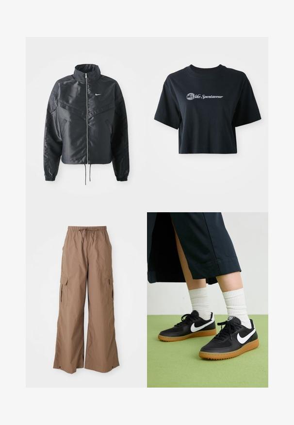 Schwarze, verkürzte Jacke mit hohem Kragen, Reißverschluss, Elastan-Ärmeln und einem weißen Nike-Logo. Glattes, glänzendes Material mit leicht strukturiertem Oberflächeneffekt.; Gekürztes schwarzes Baumwoll-T-Shirt mit kurzen Ärmeln, das weißen Text "Vice Sportswear" und eine runde Grafik auf der Vorderseite zeigt.; Braune lässige Cargo-Hosen mit Kordelzugbund und seitlichen Klappen-Taschen, weit geschnitten, vor einem weißen Hintergrund präsentiert.; Schwarze Leder- und synthetische Sneakers mit weißem Nike-Swoosh, Gummisohle, runder Spitze und schwarzen Schnürsenkeln. Gestreifte weiße Socken sind sichtbar.